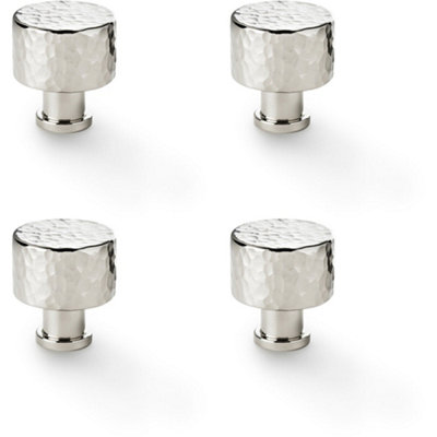 4 PACK - Round Hammered Door Knob - Polished Nickel 30mm Diameter Cupboard Pull Handle