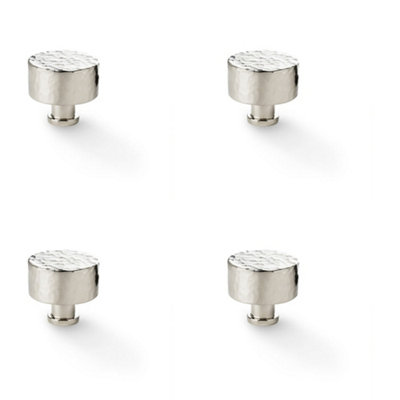4 PACK - Round Hammered Door Knob - Polished Nickel 35mm Diameter Cupboard Pull Handle