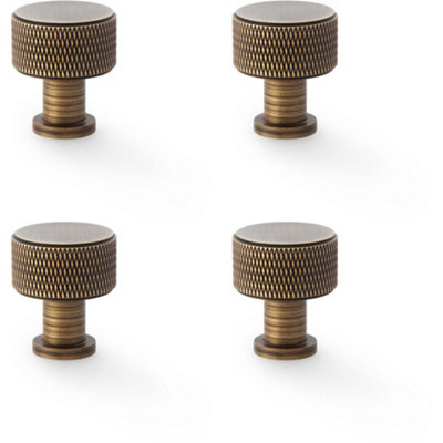 4 PACK - Round Knurled Door Knob - 29mm Diameter Antique Brass Radio Cupboard Pull Handle