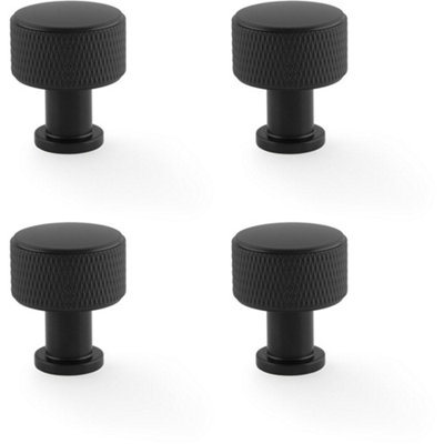 4 PACK - Round Knurled Door Knob - 29mm Diameter Matt Black Radio Cupboard Pull Handle