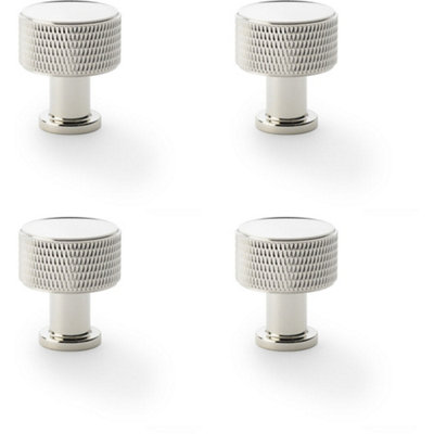 4 PACK - Round Knurled Door Knob 29mm Diameter Polished Nickel Radio Cupboard Pull Handle