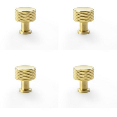 4 PACK - Round Knurled Door Knob - 29mm Diameter Satin Brass Radio Cupboard Pull Handle