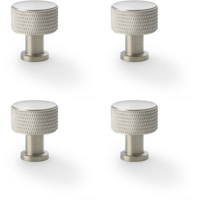 4 PACK - Round Knurled Door Knob - 29mm Diameter Satin Nickel Radio Cupboard Pull Handle