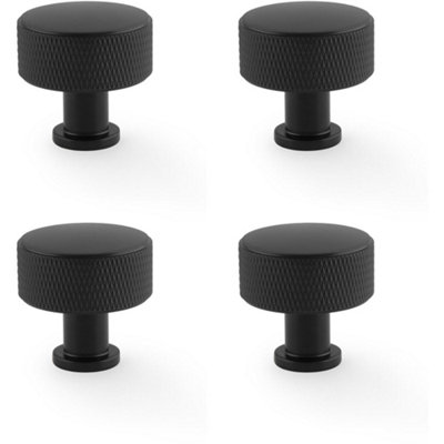 4 PACK - Round Knurled Door Knob - 35mm Diameter Matt Black Radio Cupboard Pull Handle