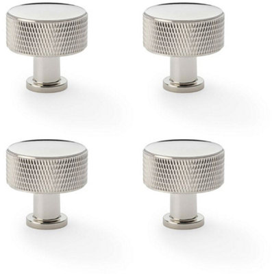 4 PACK - Round Knurled Door Knob 35mm Diameter Polished Nickel Radio Cupboard Pull Handle