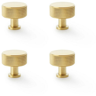 4 PACK - Round Knurled Door Knob - 35mm Diameter Satin Brass Radio Cupboard Pull Handle