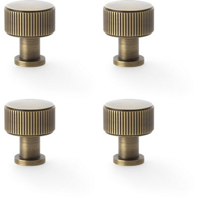 4 PACK - Round Reeded Door Knob - 29mm Diameter Antique Brass Lined Cupboard Pull Handle