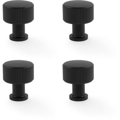 4 PACK - Round Reeded Door Knob - 29mm Diameter Matt Black Lined Cupboard Pull Handle