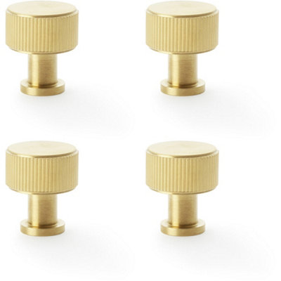 4 PACK - Round Reeded Door Knob - 29mm Diameter Satin Brass Lined Cupboard Pull Handle