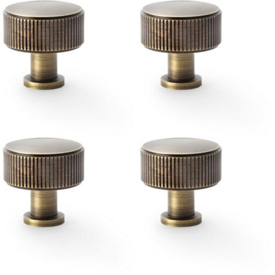 4 PACK - Round Reeded Door Knob - 35mm Diameter Antique Brass Lined Cupboard Pull Handle