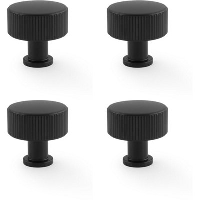 4 PACK - Round Reeded Door Knob - 35mm Diameter Matt Black Lined Cupboard Pull Handle