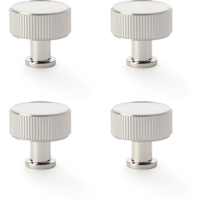 4 PACK - Round Reeded Door Knob 35mm Diameter Polished Nickel Lined Cupboard Pull Handle