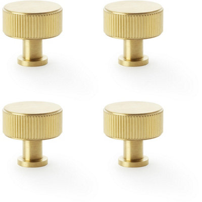 4 PACK - Round Reeded Door Knob - 35mm Diameter Satin Brass Lined Cupboard Pull Handle