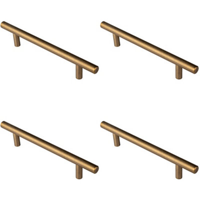 4 PACK - Round T Bar Cabinet Pull Handle 188 x 12mm 128mm Fixing Centres Antique Brass