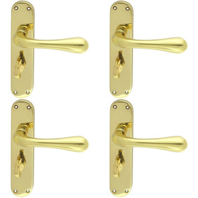 4 PACK - Rounded Flaired Bathroom Latch Door Handle - Polished Brass Lever on Backplate
