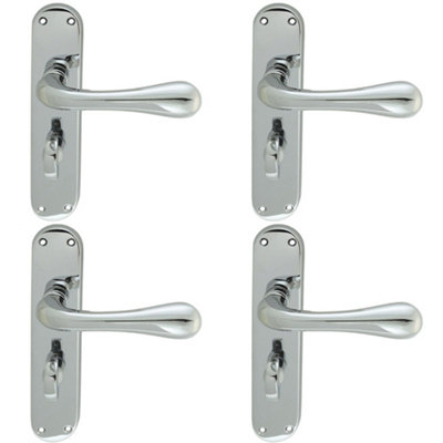 4 PACK - Rounded Flaired Bathroom Latch Door Handle - Polished Chrome Lever on Backplate