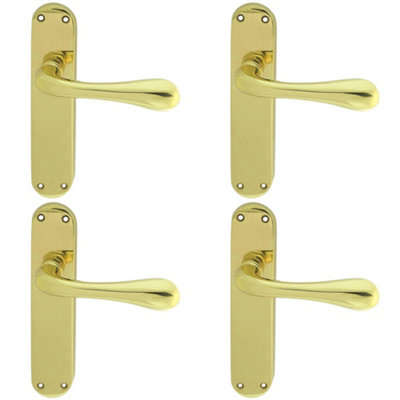 4 PACK - Rounded Flaired Internal Latch Door Handle - Polished Brass Lever on Backplate