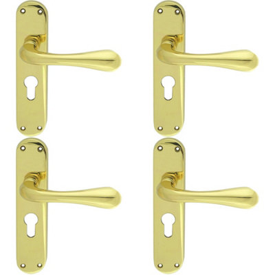 4 PACK - Rounded Flaired Latch & EURO Lock Door Handle - Polished Brass Lever Backplate