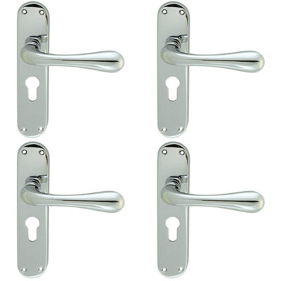 4 PACK - Rounded Flaired Latch & EURO Lock Door Handle - Polished Chrome Lever Backplate