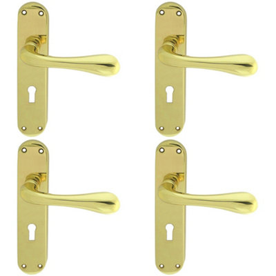 4 PACK - Rounded Flaired Latch & Lock Door Handle - Polished Brass Lever on Backplate
