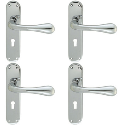 4 PACK - Rounded Flaired Latch & Lock Door Handle - Polished Chrome Lever on Backplate