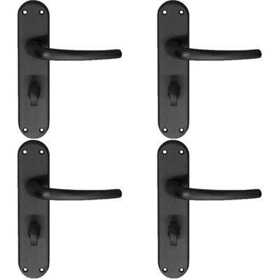 4 PACK - Rounded Sleek Bathroom Latch Door Handle - Matt Black Lever on Backplate