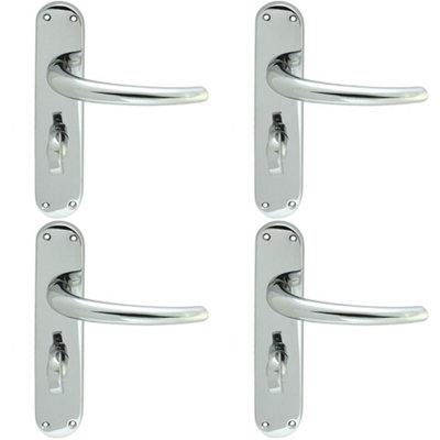 4 PACK - Rounded Sleek Bathroom Latch Door Handle - Polished Chrome Lever on Backplate