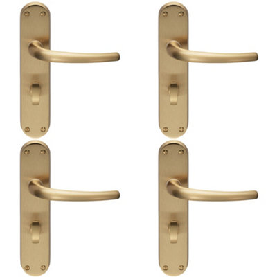 4 PACK - Rounded Sleek Bathroom Latch Door Handle - Satin Brass Lever on Backplate