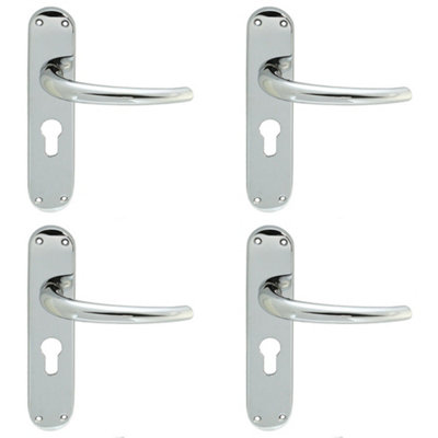 4 PACK - Rounded Sleek Latch & EURO Lock Door Handle - Polished Chrome Lever on Backplate