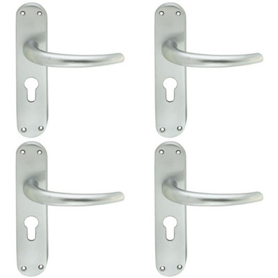 4 PACK - Rounded Sleek Latch & EURO Lock Door Handle - Satin Chrome Lever on Backplate