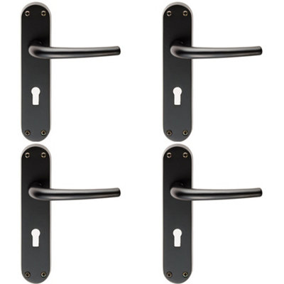 4 PACK - Rounded Sleek Latch & Lock Door Handle - Matt Black Lever on Backplate