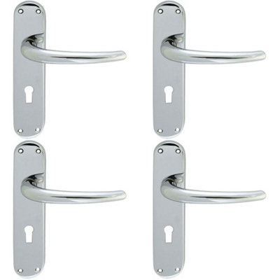 4 PACK - Rounded Sleek Latch & Lock Door Handle - Polished Chrome Lever on Backplate