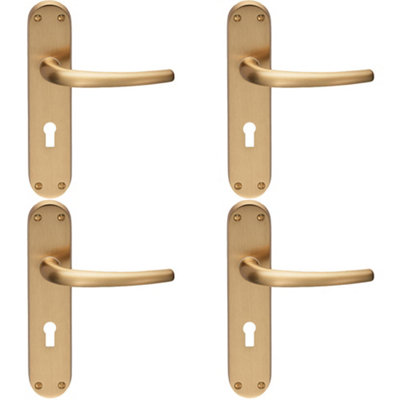 4 PACK - Rounded Sleek Latch & Lock Door Handle - Satin Brass Lever on Backplate