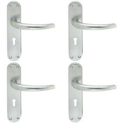 4 PACK - Rounded Sleek Latch & Lock Door Handle - Satin Chrome Lever on Backplate