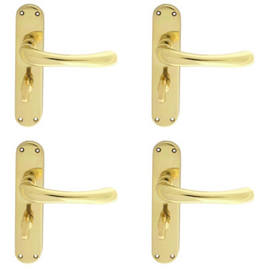 4 PACK - Rounded Smooth Bathroom Latch Door Handle - Polished Brass Lever on Backplate