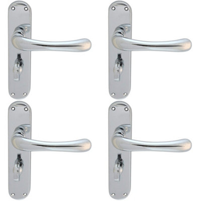 4 PACK - Rounded Smooth Bathroom Latch Door Handle - Polished Chrome Lever on Backplate