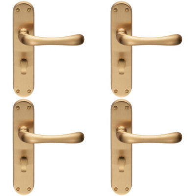4 PACK - Rounded Smooth Bathroom Latch Door Handle - Satin Brass Lever on Backplate