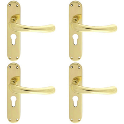 4 PACK - Rounded Smooth Latch & EURO Lock Door Handle - Polished Brass Lever on Backplate