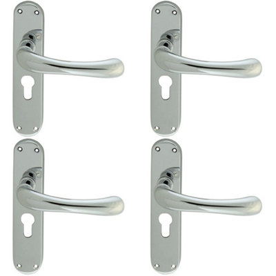 4 PACK - Rounded Smooth Latch & EURO Lock Door Handle - Polished Chrome Lever Backplate