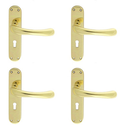 4 PACK - Rounded Smooth Latch & Lock Door Handle - Polished Brass Lever on Backplate