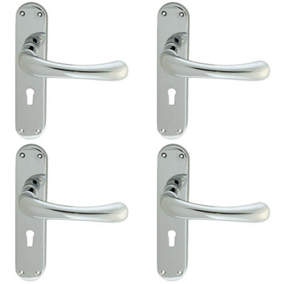 4 PACK - Rounded Smooth Latch & Lock Door Handle - Polished Chrome Lever on Backplate