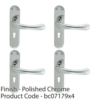 4 PACK - Rounded Smooth Latch & Lock Door Handle - Polished Chrome Lever on Backplate
