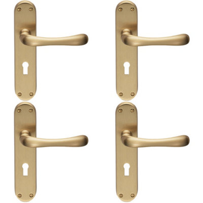 4 PACK - Rounded Smooth Latch & Lock Door Handle - Satin Brass Lever on Backplate