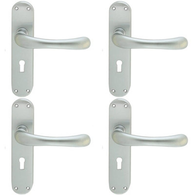 4 PACK - Rounded Smooth Latch & Lock Door Handle - Satin Chrome Lever on Backplate