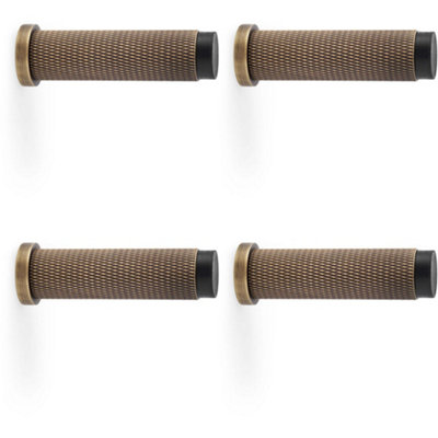 4 PACK - Rubber Tip Knurled Wall Mounted Doorstop - Antique Brass 75mm Cylinder Rose Door