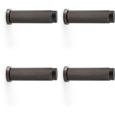 4 PACK - Rubber Tip Reeded Wall Mounted Doorstop - Dark Bronze 75mm Cylinder Lined Door