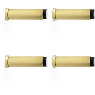 4 PACK - Rubber Tip Reeded Wall Mounted Doorstop - Satin Brass 75mm Cylinder Lined Door