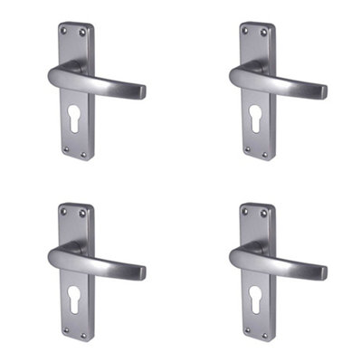 4 PACK Satin Anodised Aluminium Contract Door Handle with Euro Profile Lockplate - Interior Lever on Backplate