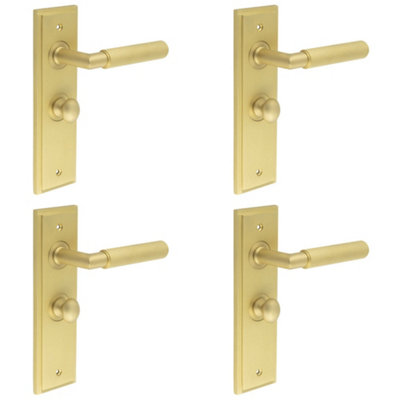 4 PACK Satin Brass Bathroom Door Handle Backplate and Turn Release - Solid Brass Interior Handle
