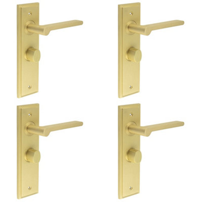 4 PACK Satin Brass Bathroom Door Handle Backplate with Turn and Release - Solid Brass Interior Handle